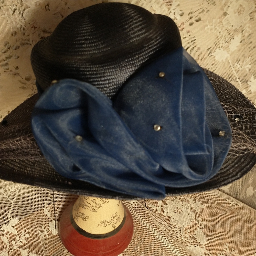 Big Brim Straw Church Hat Chiffon Rosettes & Net